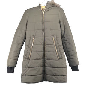 Maralyn & Me Women's Puffer Jacket Green XS Long Sleeve Faux Fur Hooded Full Zip